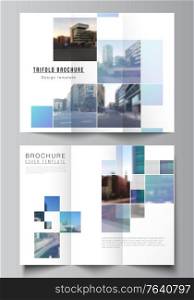 Vector layouts of covers design templates for trifold brochure, flyer layout, magazine, book design, brochure cover, advertising mockups. Abstract design project in geometric style with blue squares. Vector layouts of covers design templates for trifold brochure, flyer layout, magazine, book design, brochure cover, advertising mockups. Abstract design project in geometric style with blue squares.