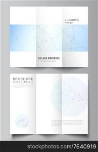 Vector layouts of covers design templates for trifold brochure, flyer layout, magazine, book design, brochure cover, advertising mockups. Blue medical background with connecting lines and dots, plexus.. Vector layouts of covers design templates for trifold brochure, flyer layout, magazine, book design, brochure cover, advertising mockups. Blue medical background with connecting lines and dots, plexus
