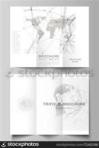 Vector layouts of covers design templates for trifold brochure or flyer. Futuristic geometric design with world globe, connecting lines and dots. Global network connections, technology digital concept.. Vector layouts of covers design templates for trifold brochure or flyer. Futuristic geometric design with world globe, connecting lines and dots. Global network connections, technology digital concept