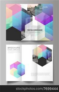 Vector layouts of covers design templates with colorful hexagons, geometric shapes, tech background for trifold brochure, flyer layout, magazine, book design, brochure cover, advertising mockups. Vector layouts of covers design templates with colorful hexagons, geometric shapes, tech background for trifold brochure, flyer layout, magazine, book design, brochure cover, advertising mockups.