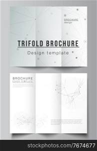 Vector layouts of covers templates for trifold brochure, flyer layout, book design, brochure cover, advertising mockups. Gray technology background with connecting lines and dots. Network concept. Vector layouts of covers templates for trifold brochure, flyer layout, book design, brochure cover, advertising mockups. Gray technology background with connecting lines and dots. Network concept.
