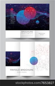 Vector layouts of covers templates for trifold brochure, flyer layout, magazine, book design, brochure cover. Artificial intelligence, big data visualization. Quantum computer technology concept. Vector layouts of covers templates for trifold brochure, flyer layout, magazine, book design, brochure cover. Artificial intelligence, big data visualization. Quantum computer technology concept.
