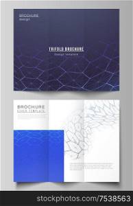 Vector layouts of creative covers design templates for trifold brochure or flyer. Digital technology and big data concept with hexagons, connecting dots and lines, polygonal science medical background.. Vector layouts of creative covers design templates for trifold brochure or flyer. Digital technology and big data concept with hexagons, connecting dots and lines, polygonal science medical background