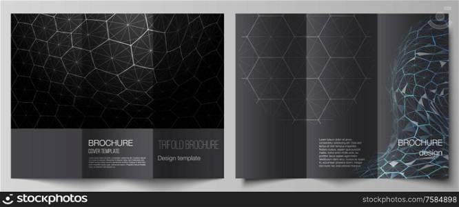 Vector layouts of creative covers design templates for trifold brochure or flyer. Digital technology and big data concept with hexagons, connecting dots and lines, polygonal science medical background.. Vector layouts of creative covers design templates for trifold brochure or flyer. Digital technology and big data concept with hexagons, connecting dots and lines, polygonal science medical background
