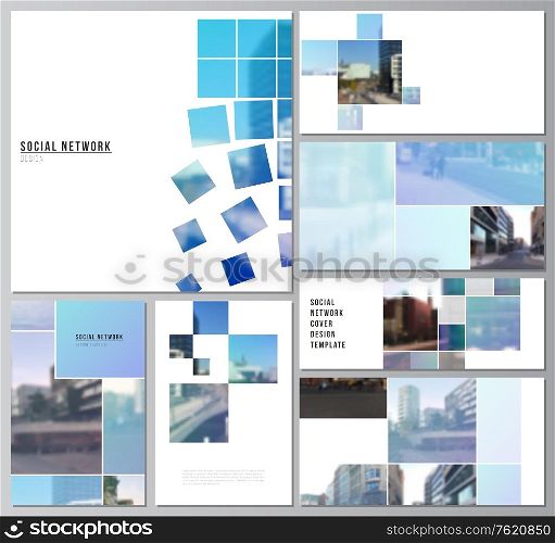 Vector layouts of modern social network mockups in popular formats for cover design, website design, website backgrounds or advertising mockups. Abstract design project in geometric style with blue squares. Vector layouts of modern social network mockups for cover design, website design, website backgrounds or advertising mockups. Abstract design project in geometric style with blue squares.