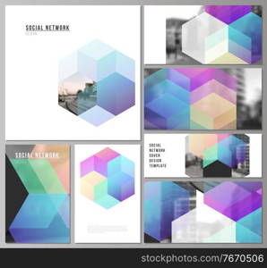 Vector layouts of modern social network mockups in popular formats with colorful hexagons, geometric shapes, tech background for cover design, website design, website backgrounds or advertising mockups. Vector layouts of modern social network mockups in popular formats with colorful hexagons, geometric shapes, tech background for cover design, website design, website background or advertising mockups