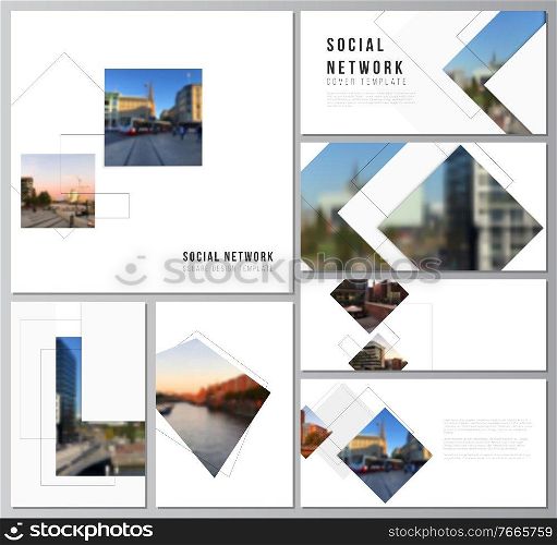 Vector layouts of modern social network mockups in popular formats with geometric simple shapes, lines and photo place for cover design, website design, website backgrounds or advertising mockups. Vector layouts of modern social network mockups in popular formats with geometric simple shapes, lines and photo place for cover design, website design, website backgrounds or advertising mockups.