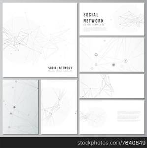 Vector layouts of social network mockups for cover design, website design, website backgrounds or advertising mockups. Gray technology background with connecting lines and dots. Network concept. Vector layouts of social network mockups for cover design, website design, website backgrounds or advertising mockups. Gray technology background with connecting lines and dots. Network concept.