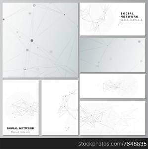 Vector layouts of social network mockups for cover design, website design, website backgrounds or advertising mockups. Gray technology background with connecting lines and dots. Network concept. Vector layouts of social network mockups for cover design, website design, website backgrounds or advertising mockups. Gray technology background with connecting lines and dots. Network concept.