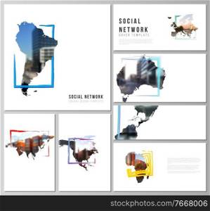 Vector layouts of social network mockups for cover design, website design, website backgrounds or advertising mockups. Design template in the form of world maps and colored frames, insert your photo. Vector layouts of social network mockups for cover design, website design, website backgrounds or advertising mockups. Design template in the form of world maps and colored frames, insert your photo.