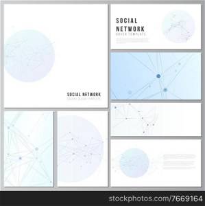 Vector layouts of social network mockups in popular formats for cover design, website design, website backgrounds or advertising mockups. Blue medical background with connecting lines and dots, plexus.. Vector layouts of social network mockups in popular formats for cover design, website design, website backgrounds or advertising mockups. Blue medical background with connecting lines and dots, plexus