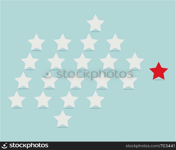vector leadership concept with white stars following their leader, red star leading them in arrow formation on blue background, flat style