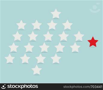vector leadership concept with white stars following their leader, red star leading them in arrow formation on blue background, flat style