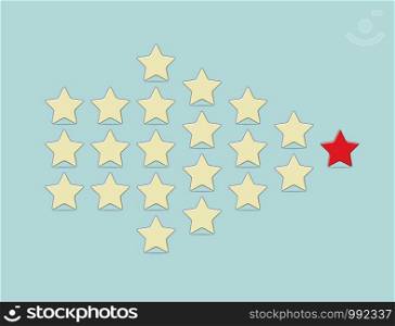 vector leadership concept with yellow stars following their leader, red star leading them in arrow formation on blue background, flat style