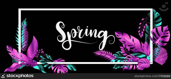 Vector leaves Chrome color blue and pink frame Design banner Spring background. Vector illustration template.