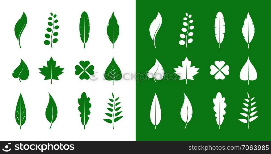 Vector leaves icon set on white background and on green background