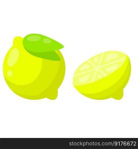 Vector Lemon. Slice of sour fruit. Funny and cute yellow element with green leaves. Cartoon flat illustration. Vector Lemon. Slice of sour fruit.