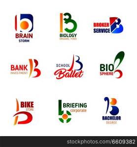 Vector letter B. Brain storm or bio organic food and broker service, bank investment and ballet school or bachelor education and bike store. Letter B corporate identity or company design. Company business identity letters B