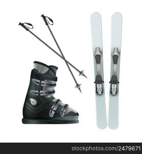 Vector light blue skis with boots and black sticks top, side view isolated on white background. Skis, boots and sticks