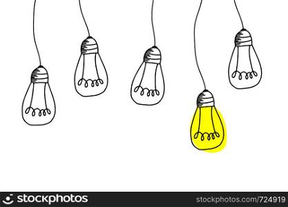 Vector light bulb icons with concept of idea. Doodle style. Vector illustration.