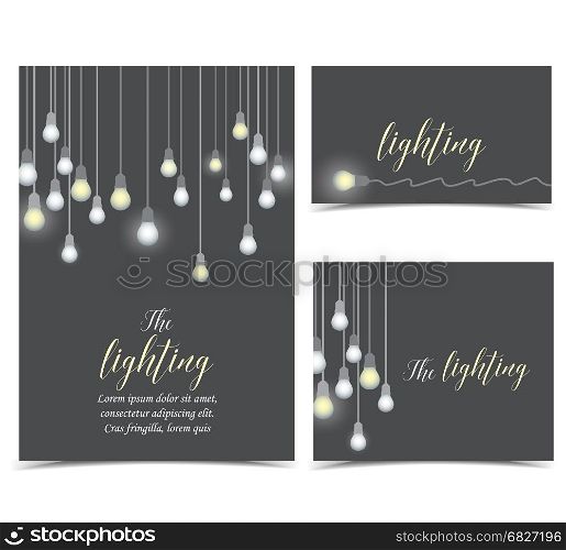 Vector light bulbs. Set of card invitations. Vector illustration of hanging light bulbs on a gray background