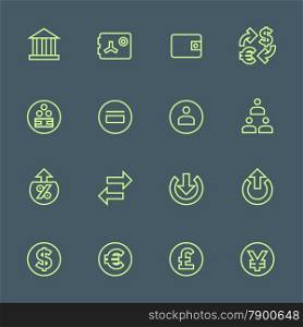 vector light green outline various financial banking icons set on dark background&#xA;