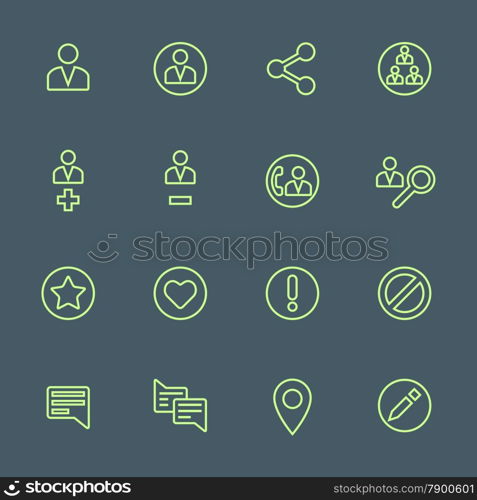 vector light green outline various social network actions icons set on dark background&#xA;