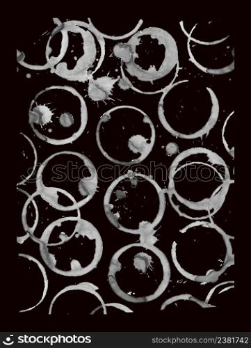 Vector light marks isolated on black background. Cups and bottles grungy vector stains.. Vector light marks