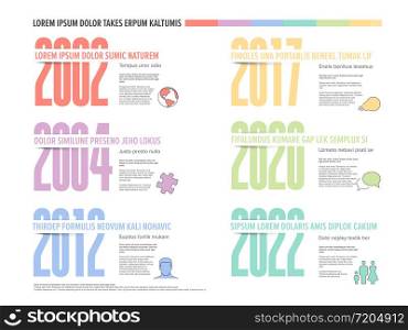 Vector light pastel time line template with six big year numbers, descriptions and icons