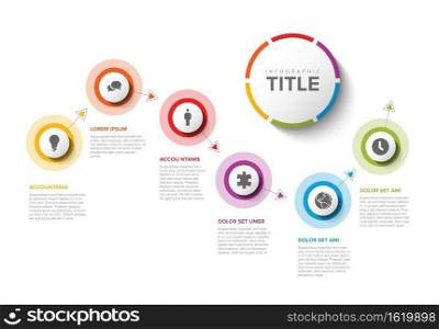 Vector light progress steps template with descriptions, icons and circles. Six white circle steps timeline process infographic