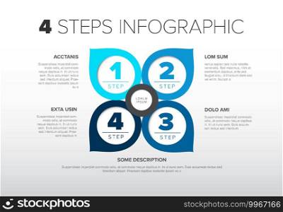 Vector light progress steps template with descriptions, icons and circles with arrows - simple blue quatrefoil infographic. Four blue circle pointers steps process infographic