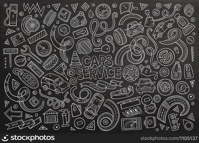 Vector line art chalkboard hand drawn doodle cartoon set of Automobile objects and symbols. Vector cartoon set of Automobile objects