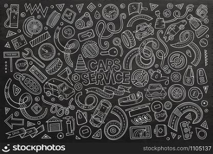 Vector line art chalkboard hand drawn doodle cartoon set of Automobile objects and symbols. Vector cartoon set of Automobile objects