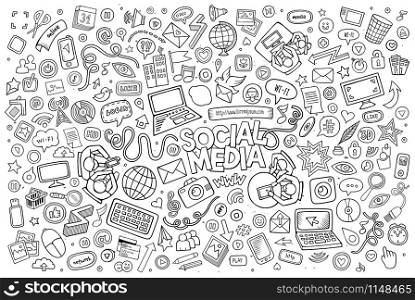 Vector line art Doodle cartoon set of objects and symbols on the Social Media theme. Vector line art Doodle cartoon set of objects and symbols