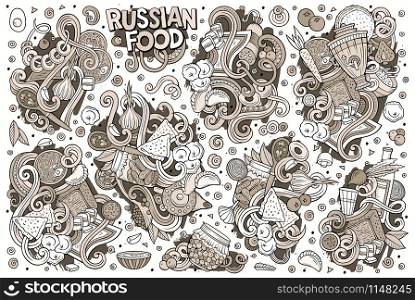 Vector line art hand drawn doodle cartoon set of Russian food theme items, objects and symbols. Vector cartoon set of Russian food doodles designs