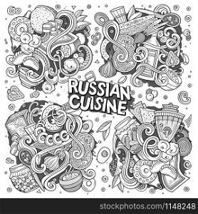 Vector line art hand drawn doodle cartoon set of Russian food theme items, objects and symbols. Vector cartoon set of Russian food doodles designs