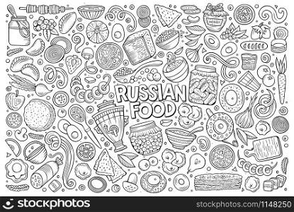 Vector line art hand drawn doodle cartoon set of Russian food theme items, objects and symbols. Vector cartoon set of Russian food objects