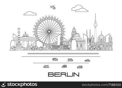 Vector line art illustration of landmarks of Berlin, Germany. Berlin skyline monochrome vector illustration isolated on white background. Vector icon, building outline.German tourism vector concept. Stock illustration.