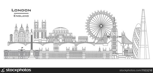 Vector line art illustration of landmarks of London, England. London city skyline panoramic vector illustration isolated on white background. London vector icon. London building outline.