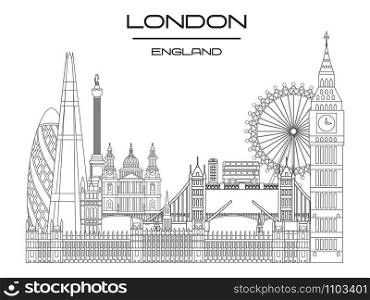Vector line art illustration of landmarks of London, England. London city skyline monochrome vector illustration isolated on white background. London vector icon. London building outline.
