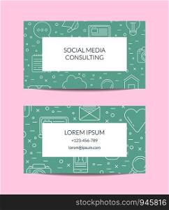 Vector line blog icons business card template for social media manager illustration. Vector line blog icons business card isolated