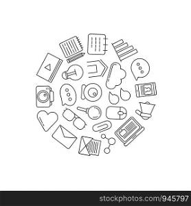 Vector line blog icons in circle shape illustration isolated on white. Vector line blog icons in circle shape illustration