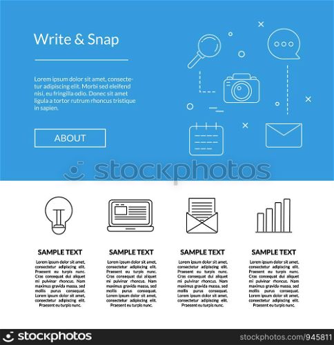 Vector line blog icons landing page in blue color style template illustration. Vector line blog icons landing page template illustration