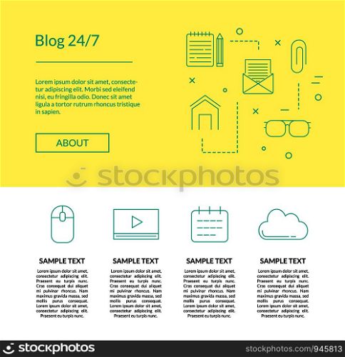 Vector line blog icons landing page template illustration in yellow color. Vector line blog icons template illustration poster