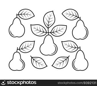 Vector line drawing of pear leaves and pear fruit. Nature and ecology. Pear, leaves, plant, icon, drawing, fetus and more. Isolated collection of pear linear icons on white background.