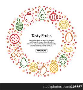 Vector line fruits icons in circle shape with place for text illustration isolated on white. Vector line fruits icons in circle shape with place for text illustration
