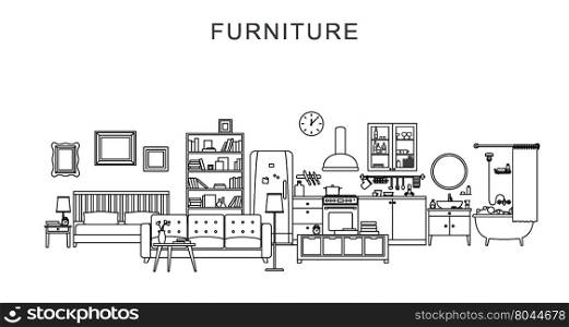 Vector line illustration of furniture and home decoration.