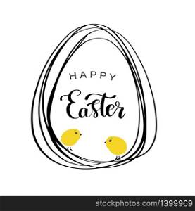 Vector line style easter eggs with a lettering text inside and two cute small yellow chicks. Holiday card.. Vector line style easter eggs isolated on white.