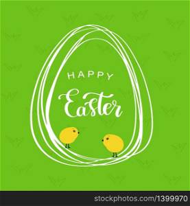 Vector line style easter eggs with a lettering text inside and two cute small yellow chicks on green grass . Holiday card.. Vector line style easter eggs