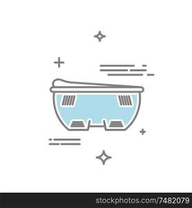 Vector line style illustration of a vibrating electric massage device bath with water.